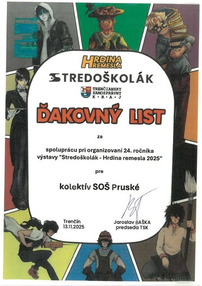 Ďakovný list za spoluprácu pri organizovaní 24. ročníka výstavy „Stredoškolák – hrdina remesla 2025“